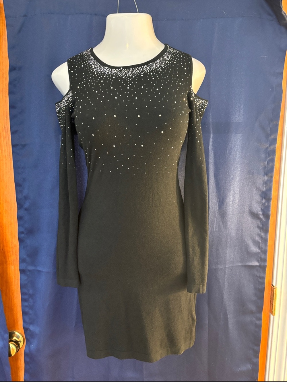 Bebe Black Cold-Shoulder Long Sleeve Rhinestone Dress NEW